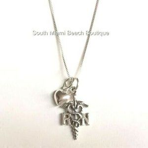 Nursing RN Caduceus Necklace Sterling Silver 925 Puff Heart Graduation Gift